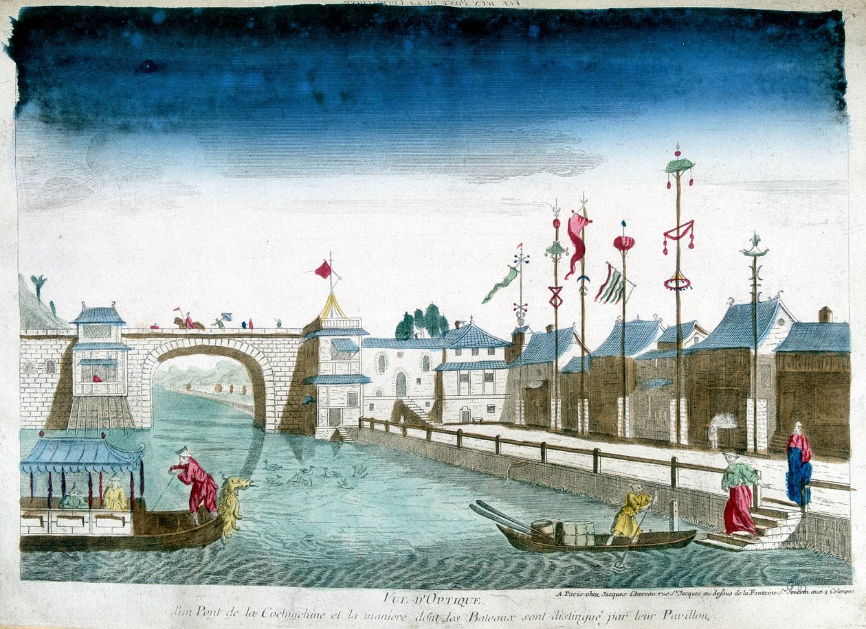 Bridge of Cochinchine och båtar är framstående lämnar paviljongerna. Gravyr från slutet av 1700-talet av Unknown artist