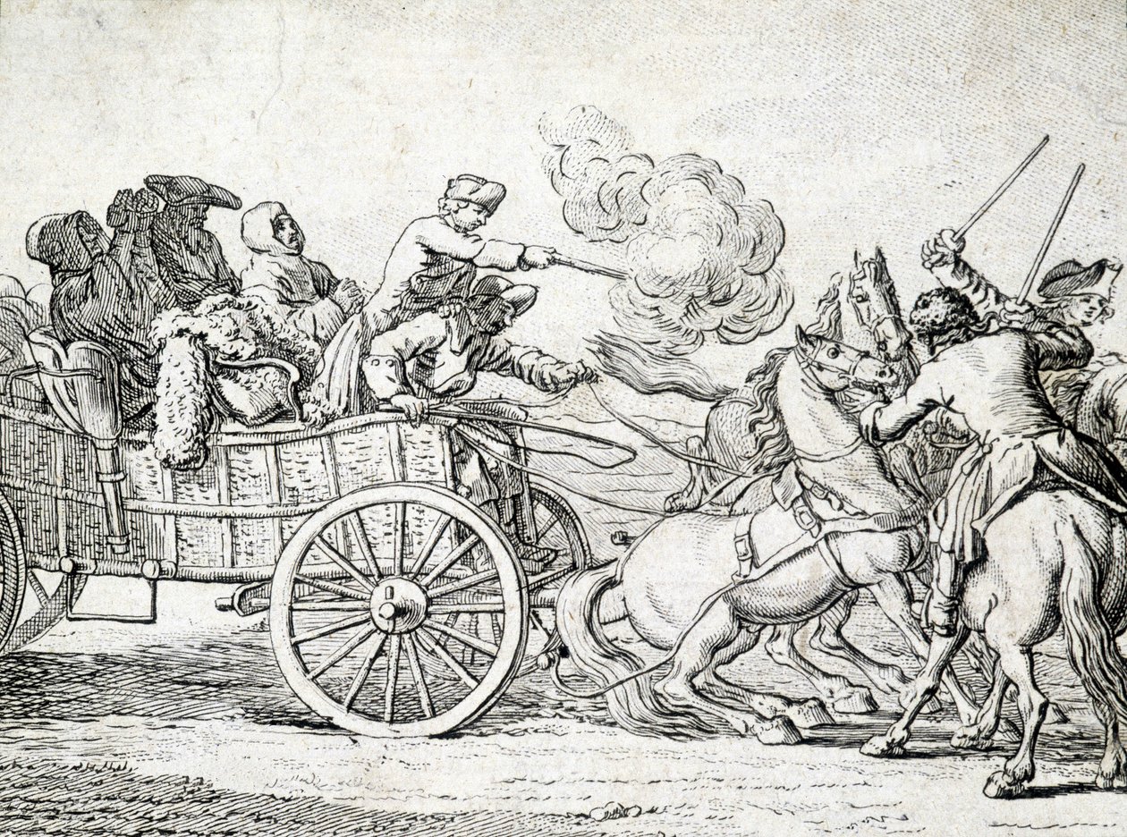 Brigander attackerar passagerare på en vagn. Gravyr av en anonym 1700-tal. av Unknown artist