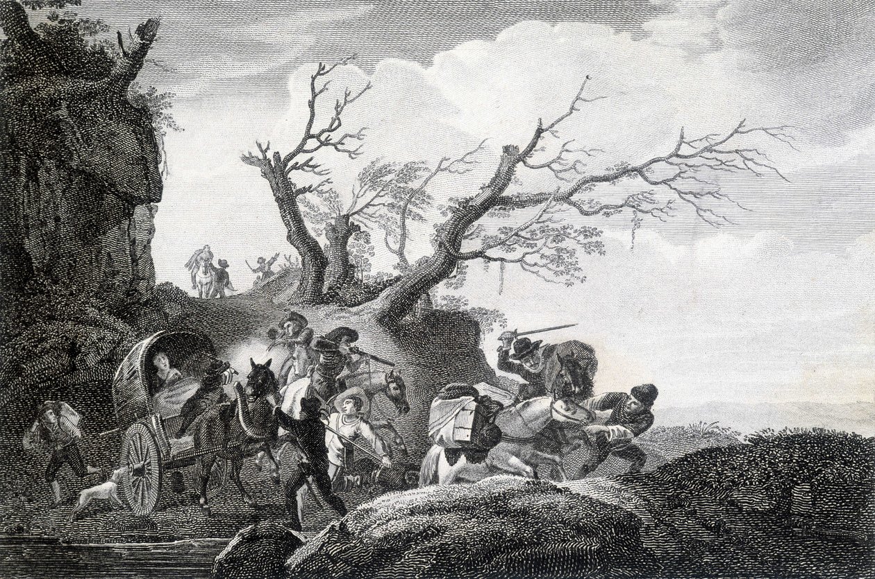 Brigander attackerar resenärer på en landsväg. Gravyr av en anonym 1700-tal. av Unknown artist
