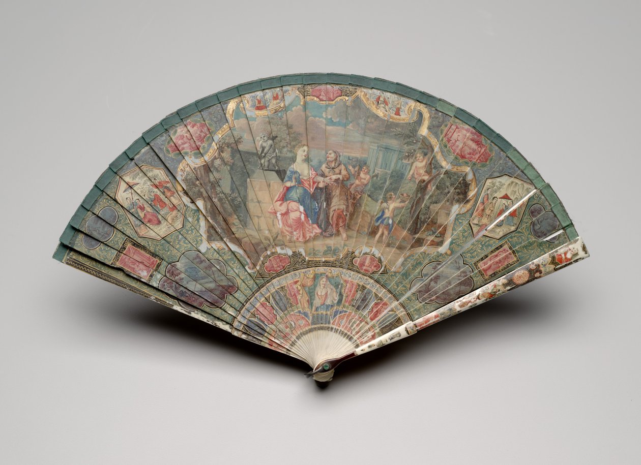 Brisé-fläkt med spåkvinna och chinoiserie-motiv, ca 1700-25 (gouache på elfenbensblad, sidenband, sköldpadda, klistrade ädelstenar och mässingsögla) av Unknown artist