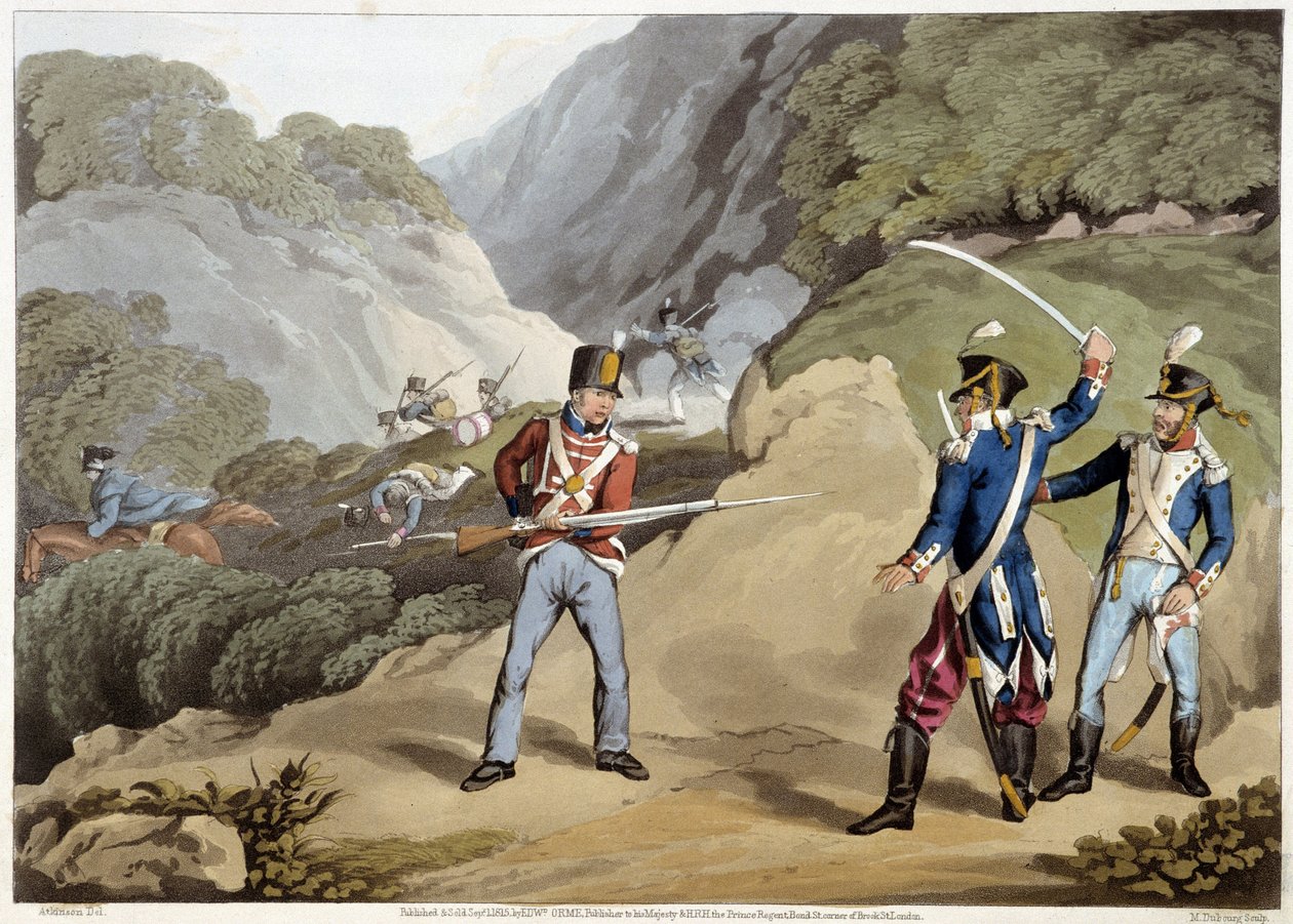 Brittisk soldat tillfångatog två franska officerare i slaget vid Pyrenéerna - i "Historiska, militära och sjöanekdoter..." av Edward Orme av Unknown artist