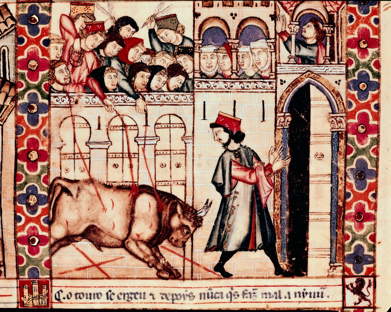 Tjurfäktning: tjuren dödar på arenan under de traditionella högtiderna i Plasenza (Plasencia) i Spanien, sång 144. Miniatyr från Sankta Marias hymn av Unknown artist