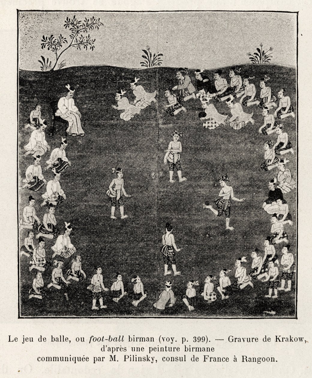 Burmesisk fotboll eller bollspel. Gravyr av Krakow för att illustrera berättelsen "Femton dagar i Burma", av E.Cavaglion, 1886, i Le tour du Monde 1892, regisserad av Edouard Charton (1807-1891), Hachette, Paris. av Unknown artist