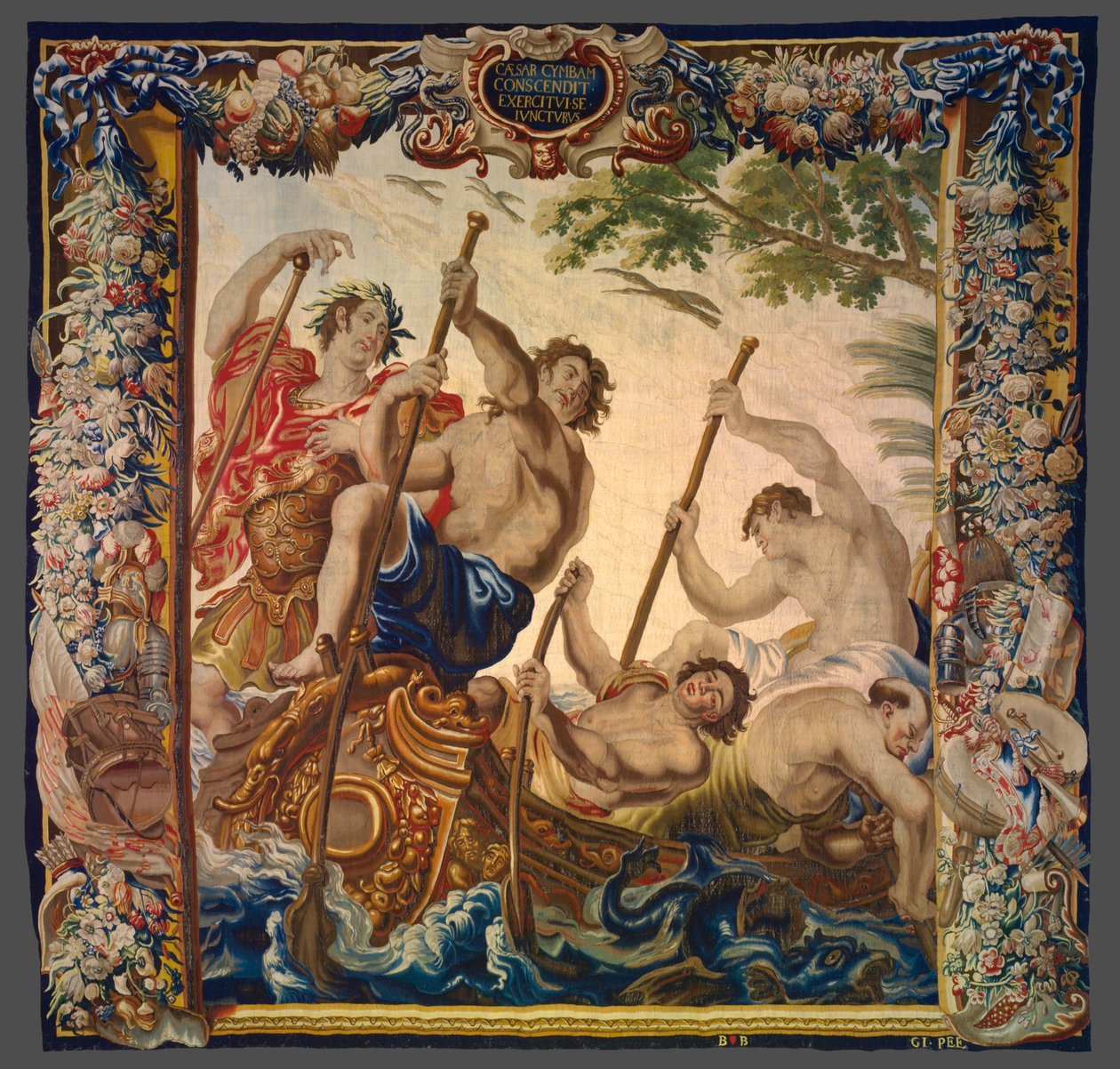 Caesar ger sig av med båt för att ansluta sig till sin armé från Berättelsen om Caesar och Cleopatra av Unknown artist