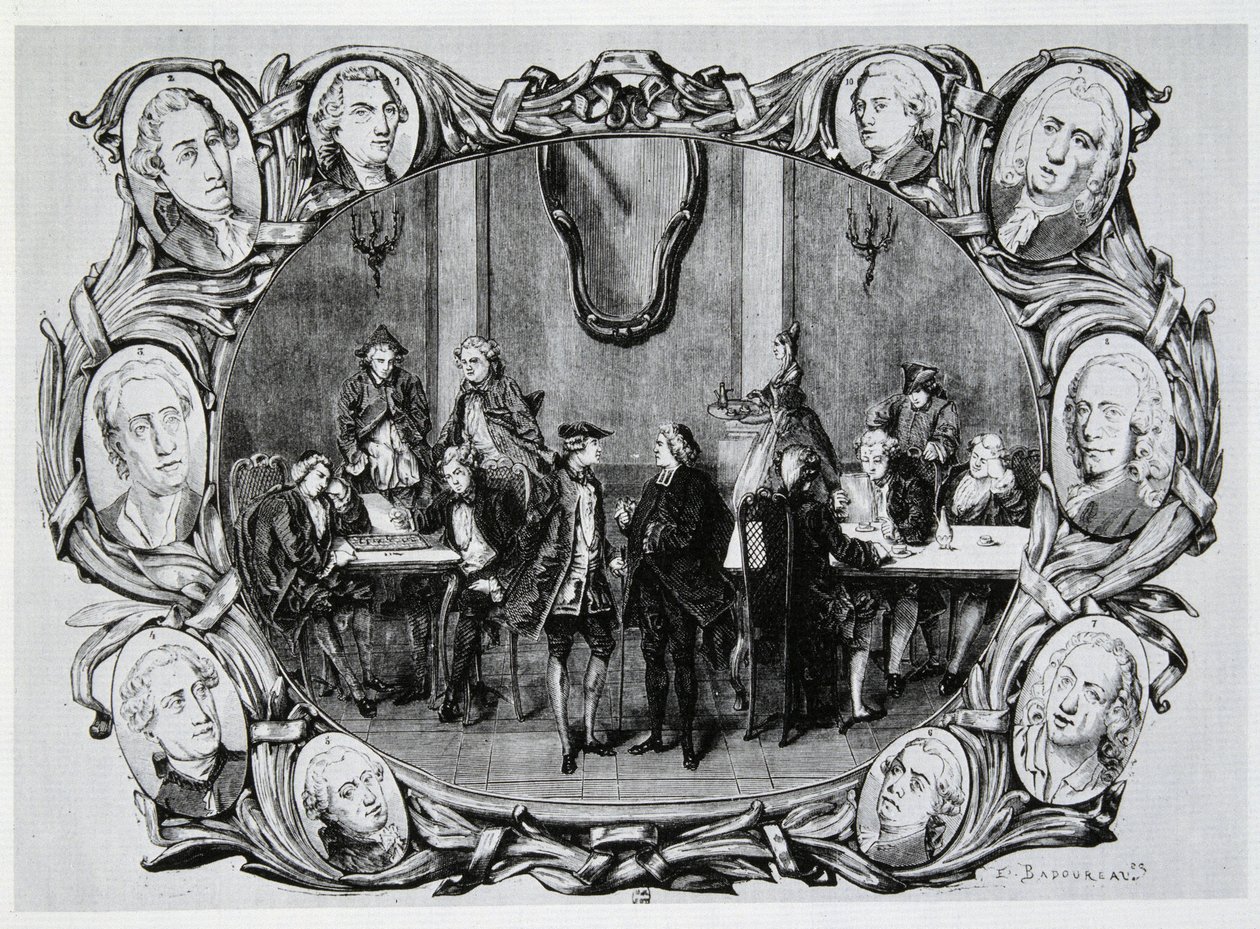 Café Procope i Paris på 1700-talet med Buffon, Gilbert, Diderot, D