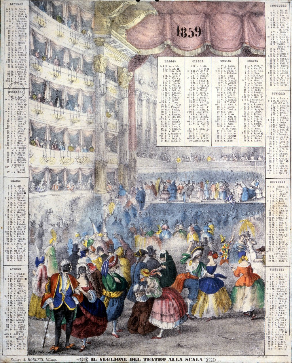 1859 års kalender som representerar en karnevalskväll på Teatro alla Scala 1859. av Unknown artist