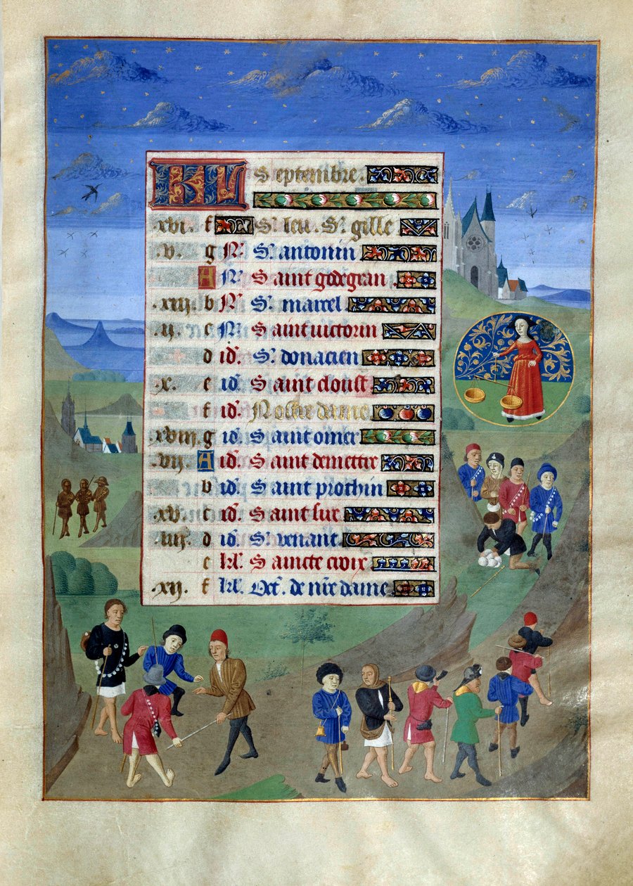 Kalendersida för september månad. "" Depart of the pelerins en voyage"" Upplyst manuskriptsida från "" Time Book of Hours of the Duchess of Burgundy, Adelaide of Savoy""" Marie Adelaide av Savoyen (1686-1712) är hustru till delfinen Louis Duke of av Unknown artist
