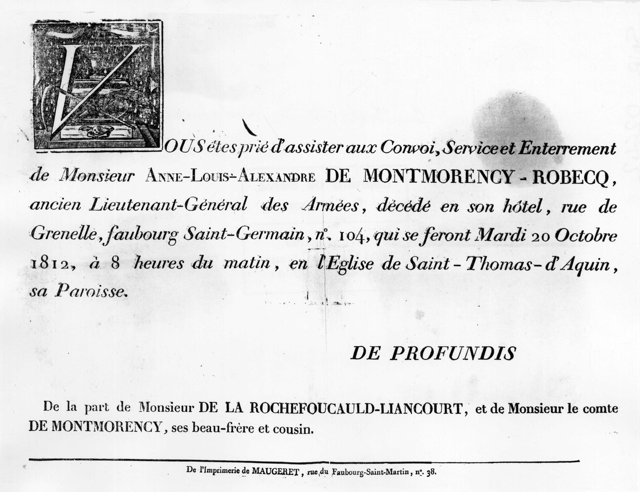 Uppmaning till Alexandre de la Rochefoucaulds begravning - Familjearkiv. av Unknown artist