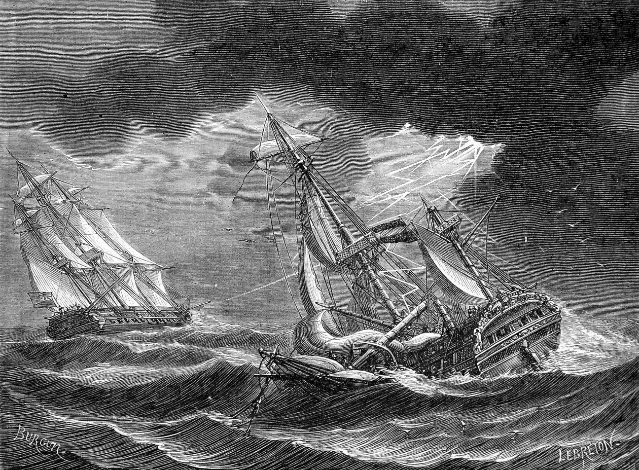 Kapten Cooks skepp skonas, tack vare sin blixtstång, nära ett holländskt skepp som träffats av blixten - gravyr av Unknown artist