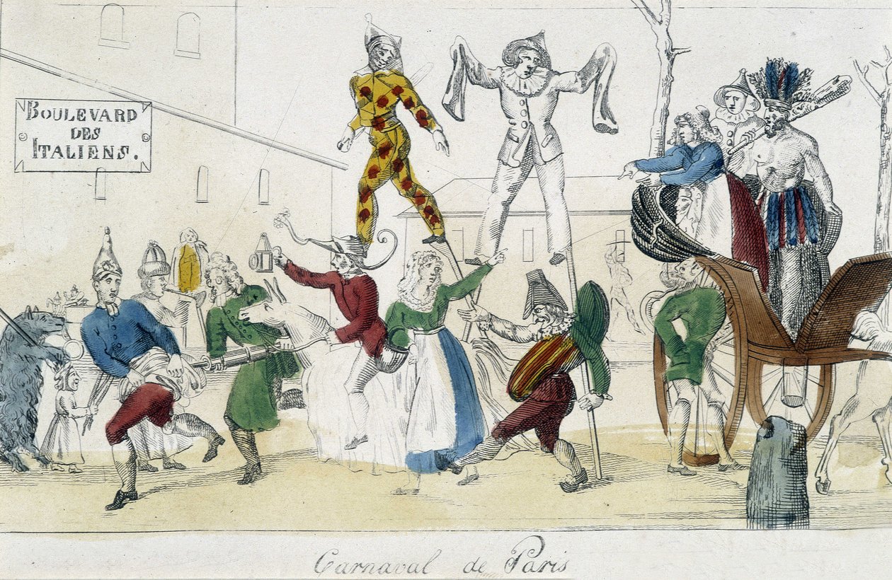 Carnival of Paris, boulevard des Italians - 1700-talsgravyr, Carnavalet. av Unknown artist