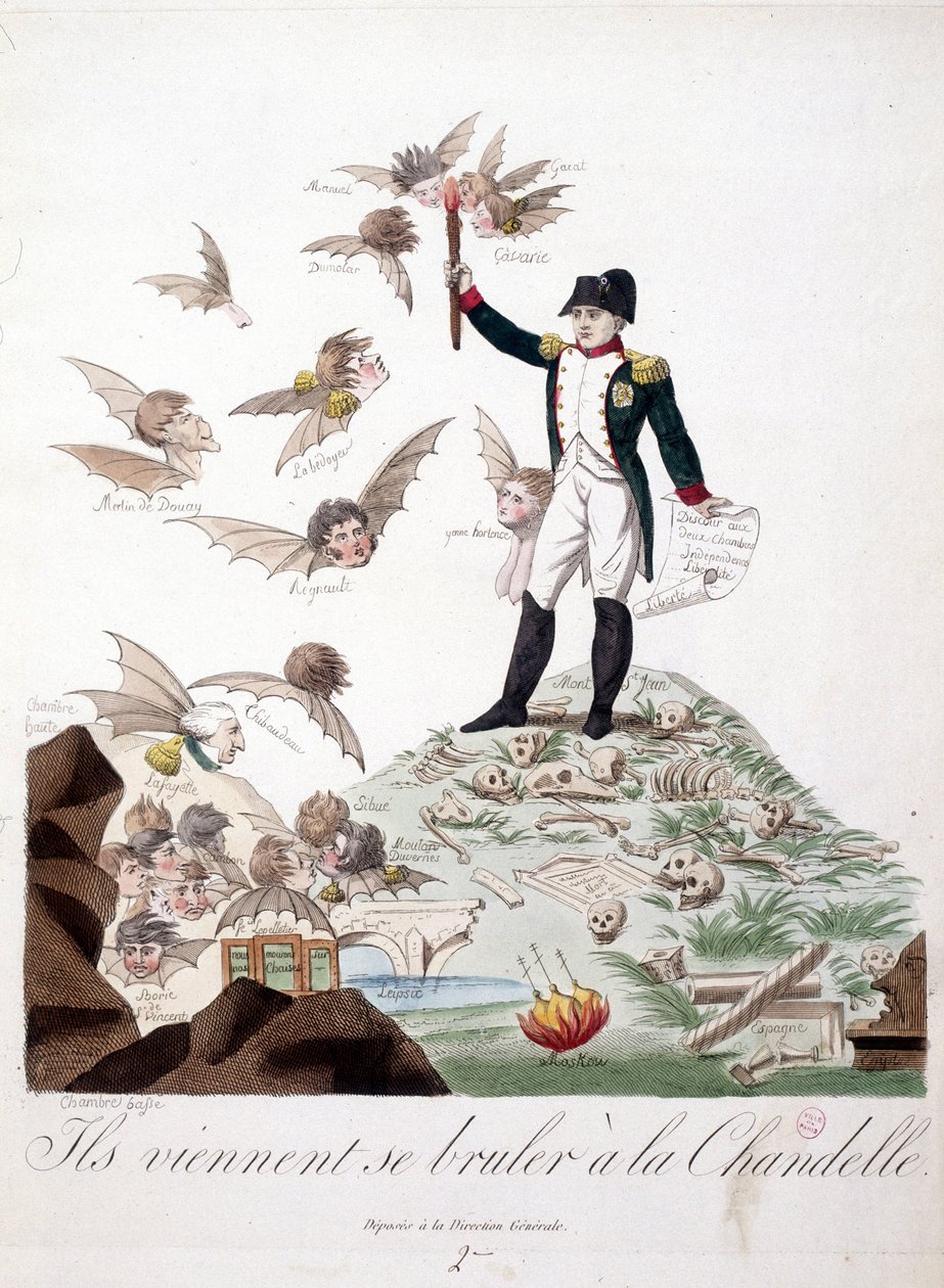 Tecknad film om Napoleon I avbildad på en kulle täckt med skelett och med ett ljus som bränner vingarna på karaktärer (Merlin de douai, Regnault...) representerade i fladdermus. - i Napoleon I, karikatyrer, dummysamling. 1814 - 1815. B.H.V.P. av Unknown artist