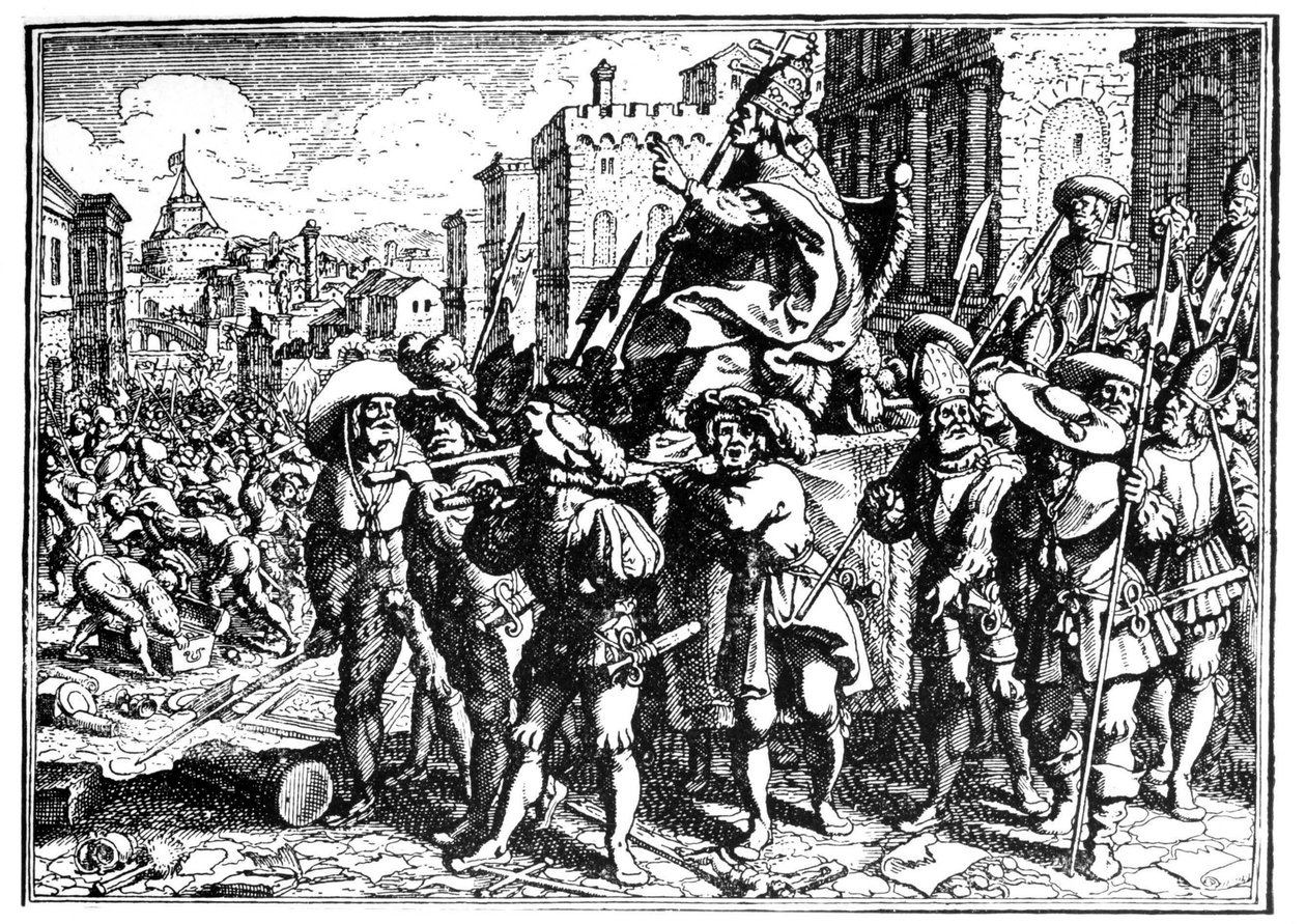 Tecknad film om påven Innocentius I under invasionen och plundringen av Rom av Alarik I, visigoternas kung, 410 (Sac of Rome). Gravyr - i "" The Chronicle of Goffredo"". av Unknown artist