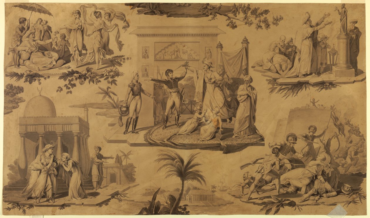Tecknad film för tryckt bomullstextil: Fransmännen i Egypten [Les Francais en Egypte] av Unknown artist