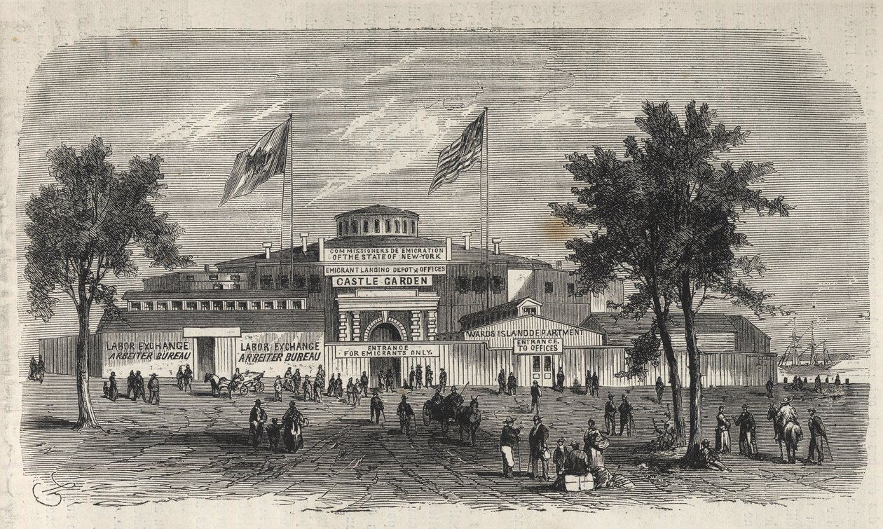 Castle Garden Immigration Center Depot - Castle Garden emigrantdepå - New York State - Emigration Commission Etablissement - Gravyr i "The Illustrous Universe" från 1869 av Unknown artist
