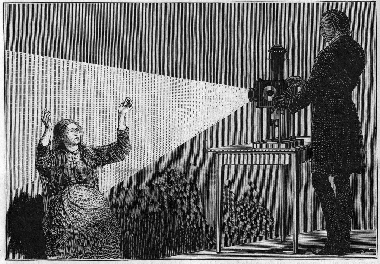 Katalepsi produceras under påverkan av ljus. Den franske neurologen Jean Martin Charcot (1825-1893) studerar fenomenet hypnos hos en patient på sjukhuset i Salpetriere. av Unknown artist