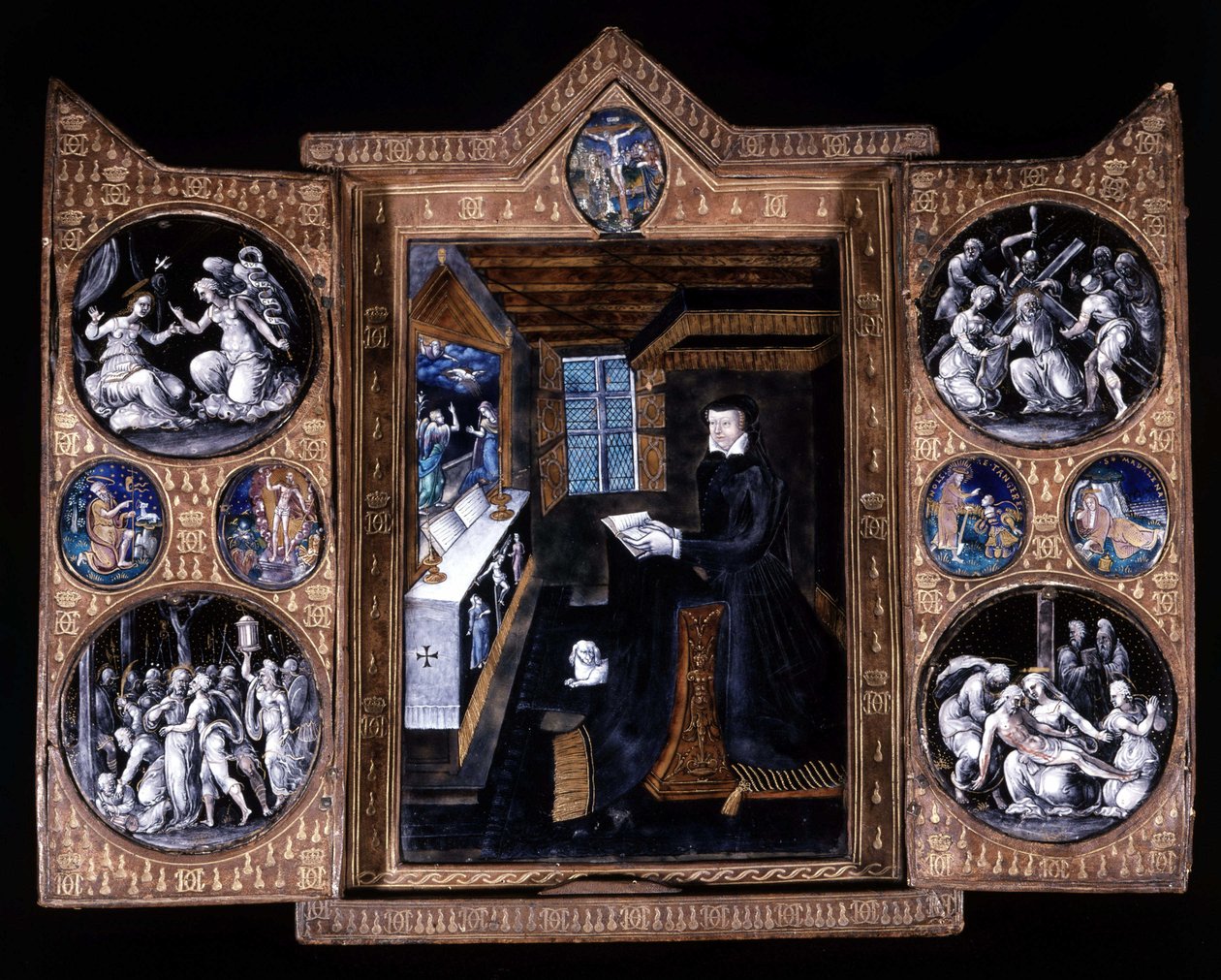 Catherine de Medici (Caterina de Medici) (1519-1589) i bön - triptyk e-post och läder av Unknown artist
