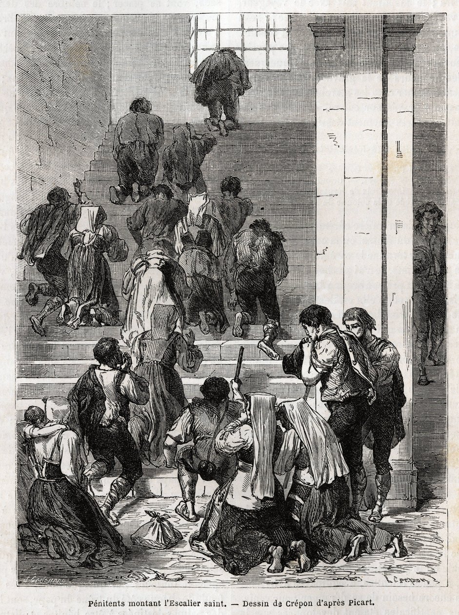 Katolska ångerfulla som går upp för den heliga trappan till Rom. Gravyr för att illustrera historien om Ludovic Celler; Stilla veckan i Rom av Unknown artist