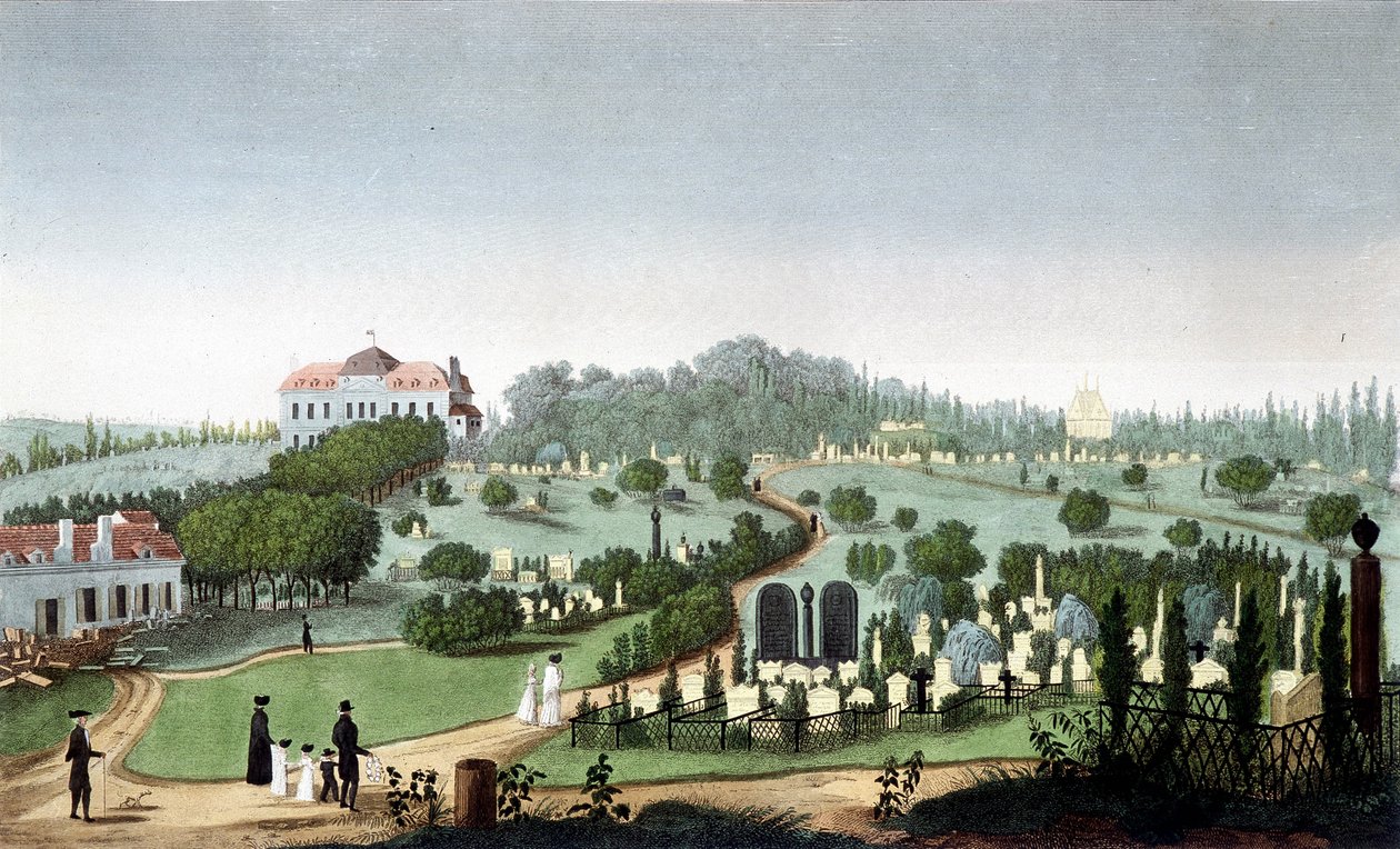 Cemetery of Père Lachaise, cirka 1820 - i ""Views of Paris"" av Courvoisier av Unknown artist