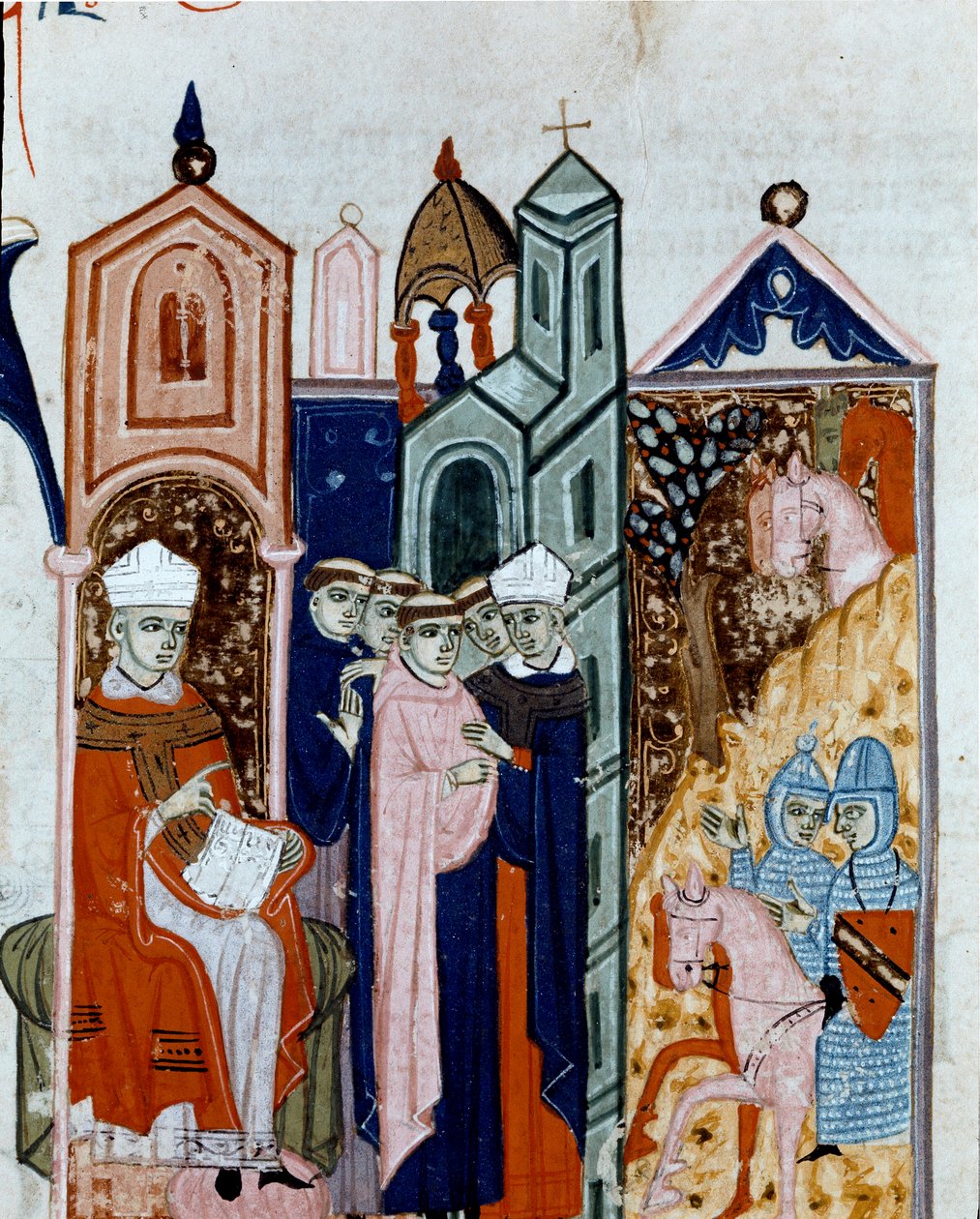 Ceremoni att ta för vana av en miniatyrmunk från "Decret de Gratien"" ("Concordia discordantium canonum" eller "Decretum Gratiani") från 1140 och reglera den romersk-katolska kyrkans lagar och kanoner. 1300-talets Cesena Biblioteca malatesti av Unknown artist