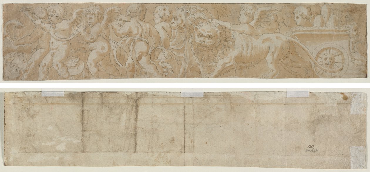 Vagn tecknad av Lions med Amorini (recto) Delvis arkitektonisk studie (verso) av Unknown artist