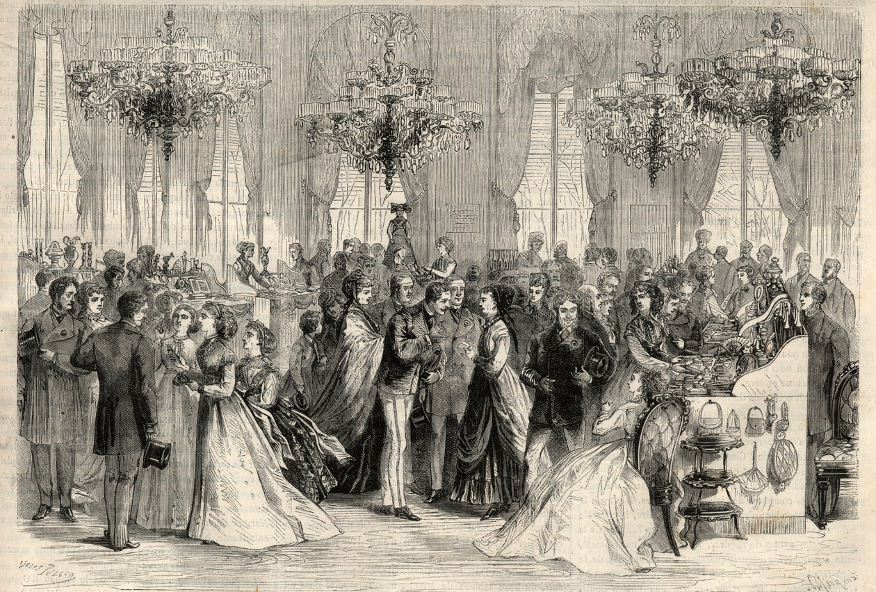 Välgörenhetsförsäljning till utrikesministeriet för byggandet av ett tyskt sjukhus i Paris. Gravyr i "The Universe illustrious" av Unknown artist