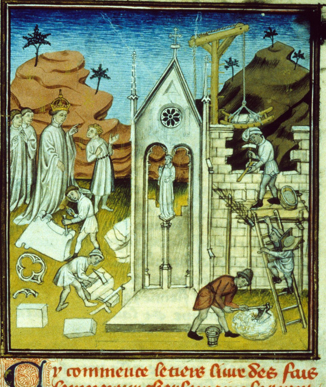 Karl den Store besöker byggplatsen för en katedral - Belysning av manuskript på velin från medeltiden "Great Chronicles of Saint-Denis" sent 1300-tal (ref. 512, 096r) Begäran om tillstånd till kommunalbiblioteket i Toulouse (tel: 05 62 av Unknown artist