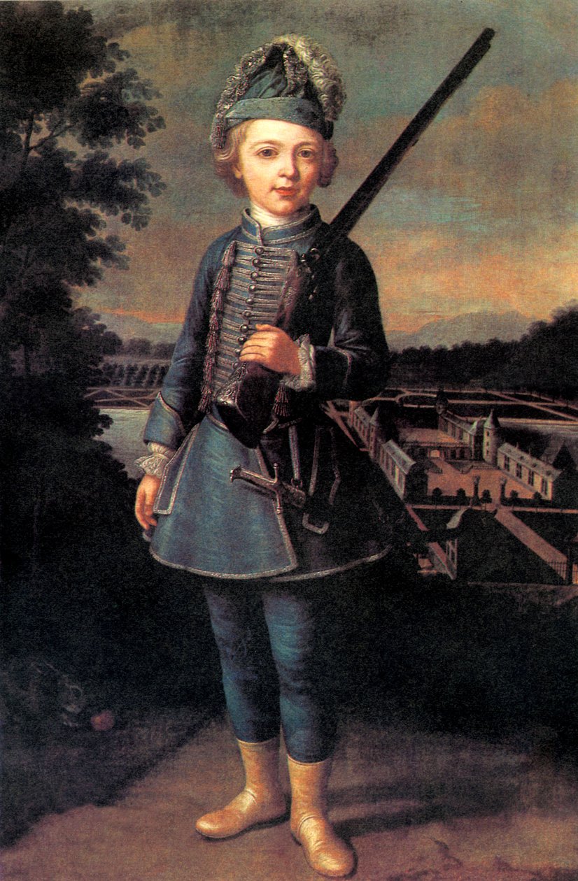 Charles-Joseph de Ligne vid ungefär 10 års ålder i fantasiuniform, framför slottet Beloeil av Unknown artist