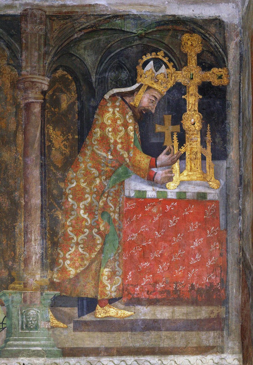 Karl IV av Luxemburg (1316-1378), Romarnas kejsare, placerar ett fragment av det heliga korset i ett relikvieskrin - Karl IV placerar en splitter av det heliga korset i ett relikvieskrin - Anonym. Fresco, c. 1360. Nationalgalleriet, Prag av Unknown artist