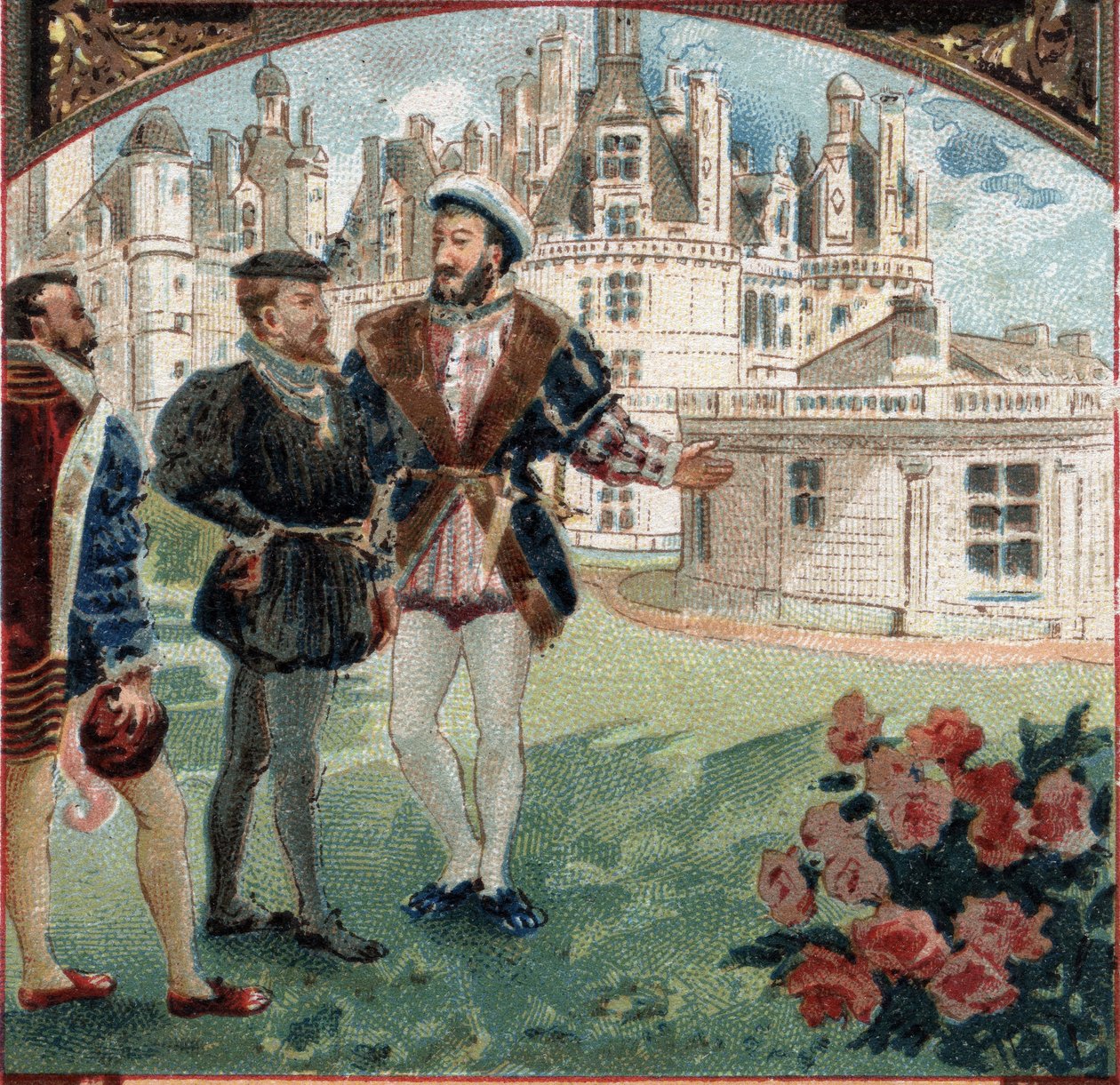 Karl V mottogs av Francois I på Chateau de Chambord. Kromolitografi från slutet av 1800-talet av Unknown artist