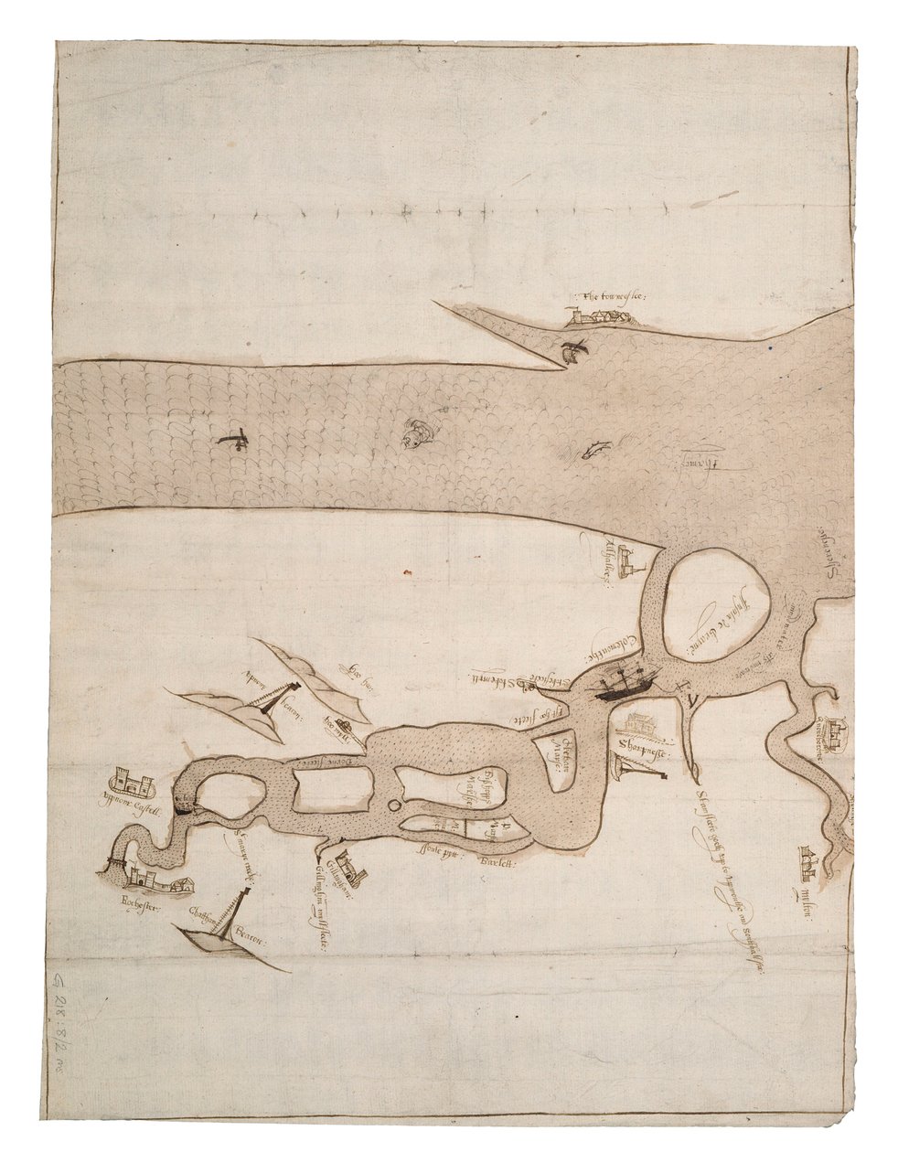 Karta över floden Medway och en del av Themsen: nr 24 Sheerness, ca 1590 (bläck och lavering) av Unknown artist