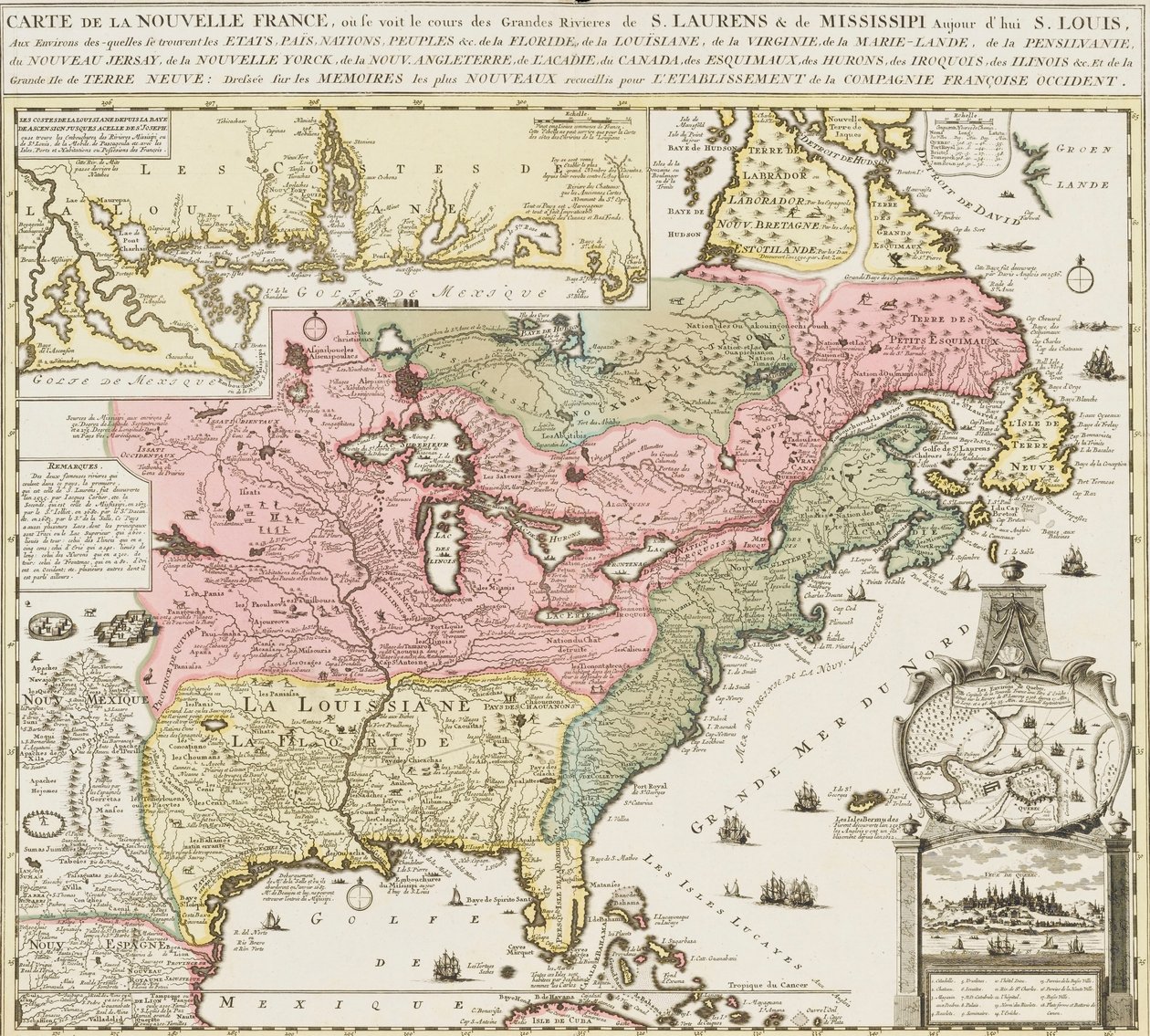 Karta över södra USA med Mississippifloden och Saint Louis, ca 1720 (tryck) av Unknown artist