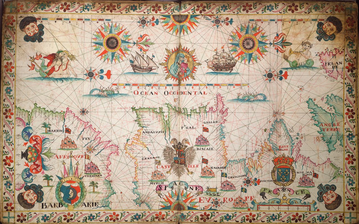 Sjökort över nordöstra Atlanten, från Irland till Kap Verde, ca 1600 (manuskript) av Unknown artist