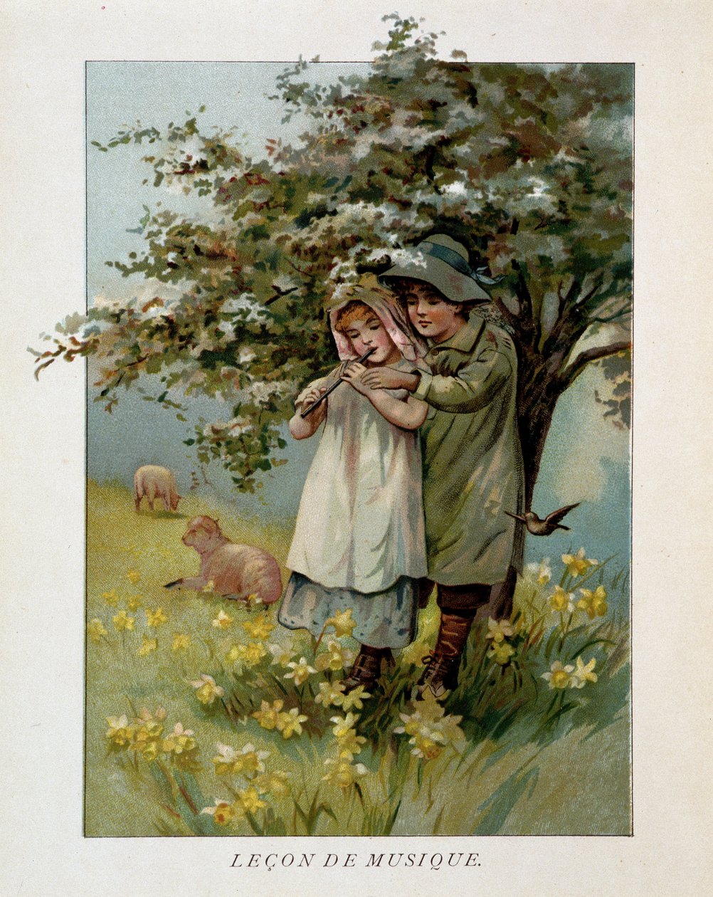 Barn herdar spelar musik i ett blommande landskap, "" Music Lecon""". av Unknown artist