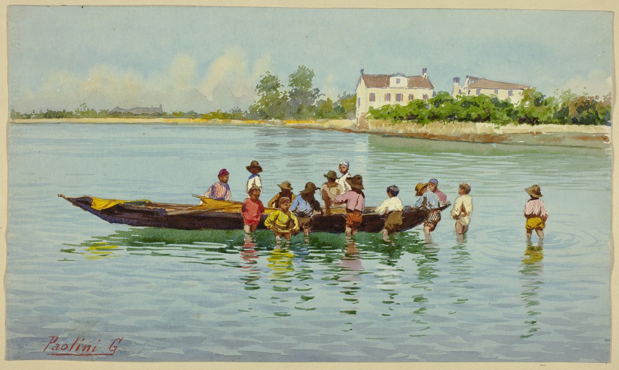Barn med båt på Venetianska lagunen av Unknown artist