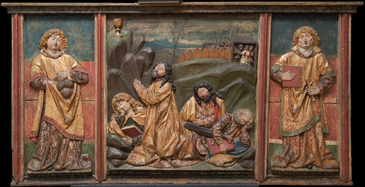 Kristus på Oljeberget med tre apostlar; Saints Stephen och Lawrence av Unknown artist