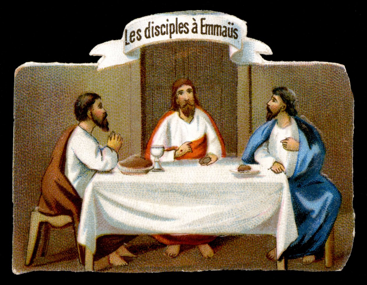 Kristus räddar Emmaus lärjungar. 1800-talets kromolitografi. av Unknown artist
