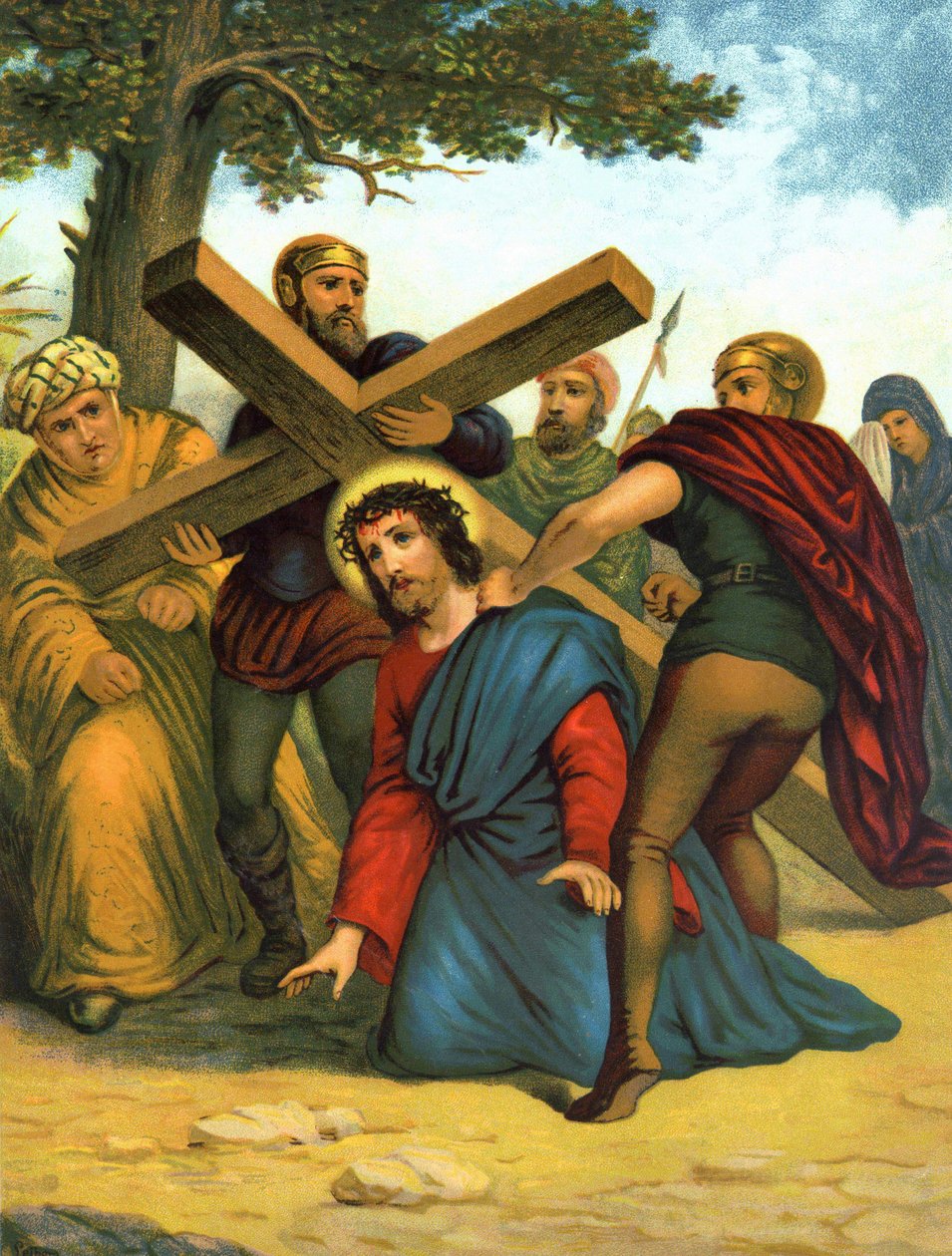 Kromolitografi från slutet av 1800-talet som skildrar Kristi liv: Jesus faller först under korset. av Unknown artist