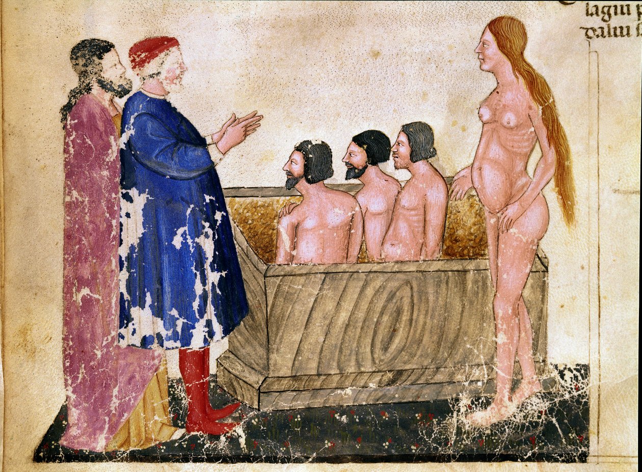 Circle of Adulators: Dante och Virgil möter Alessio Interminelli (eller Intermineii), Lord of Lucca och den prostituerade Thais. Upplyst sida som illustrerar helvetets 18:e sång från "Divina Commedia" av Dante Alighieri (1265-1321). 1300-talet, Venedig, av Unknown artist