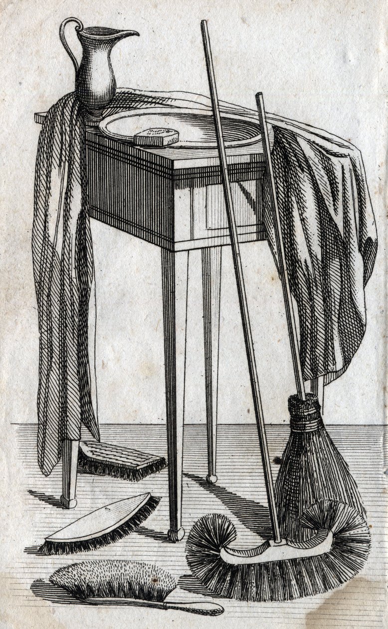 Rengöring och rengöringstillbehör: tvål, tvättställ, kvast och borstar. Slutgravyr av 1700-talet. Privat samling. av Unknown artist