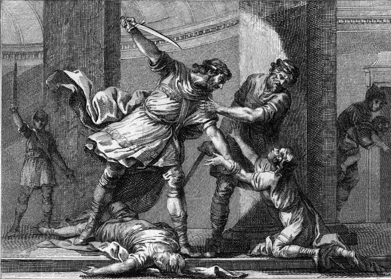 Clotaire (Clothaire) I (v.497-561) och Childebert I, de frankiska kungarna, mördade två söner till sin bror Clodomir (495-524). Gravyr av 1700-talet. av Unknown artist