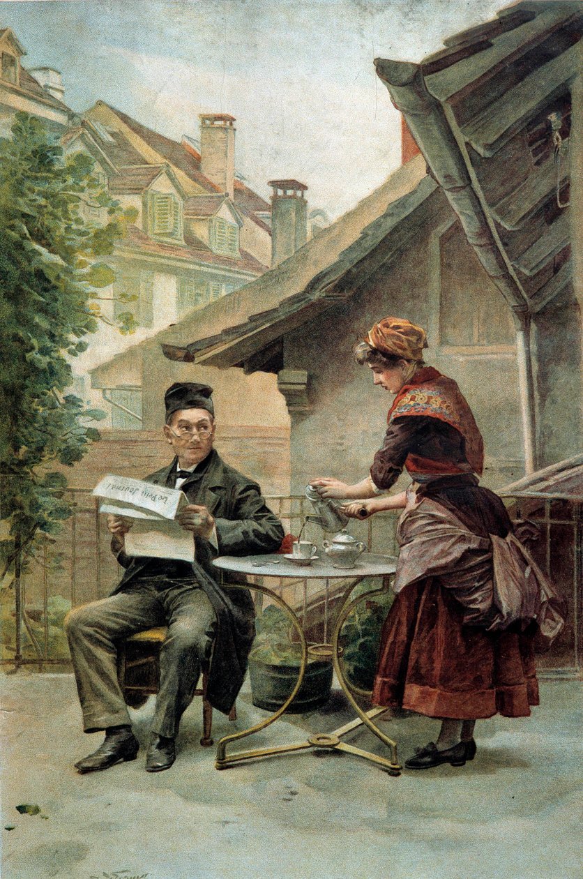 Kaffestund: en gammal man som sitter vid ett bord och läser "Lilla tidningen" serveras av en tjänare. Akvarell av 1800-talet. Paris, Dekorativ konst av Unknown artist