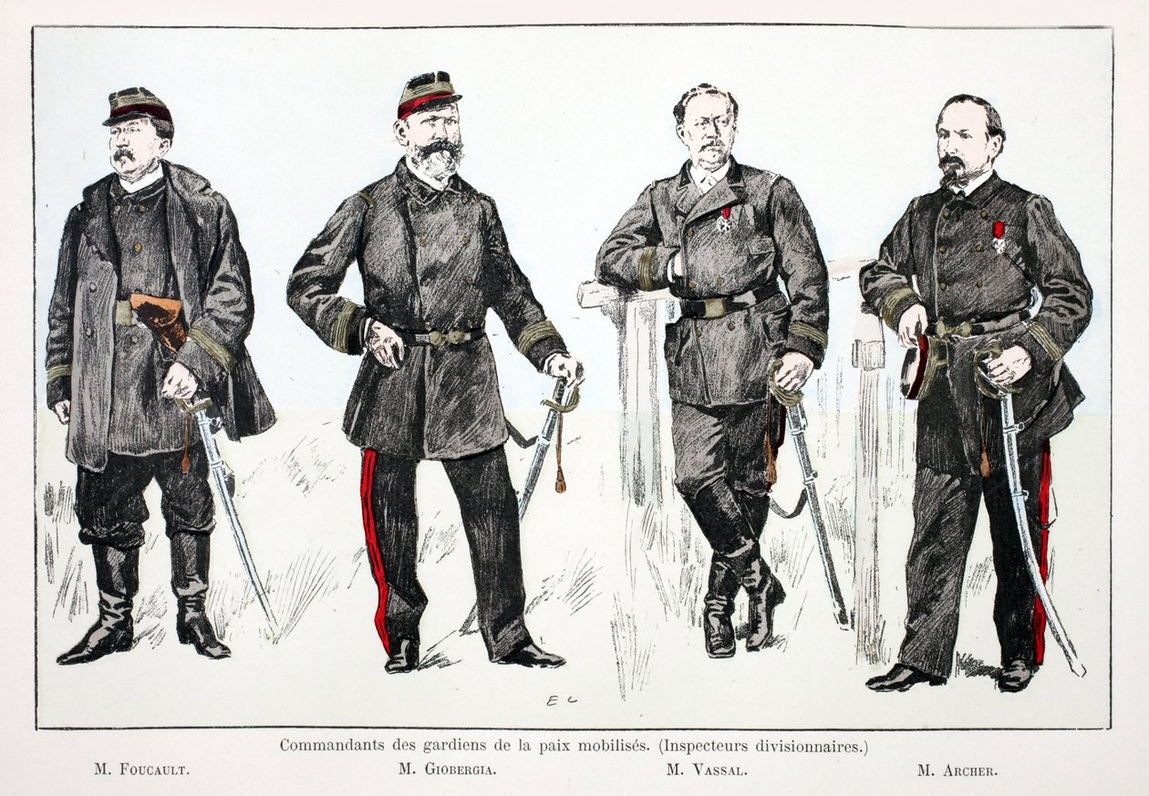 Befälhavare för de mobiliserade fredsbevararna (divisionsinspektörer), från vänster till höger: Mr. Foucault, Mr. Giobergia, Mr. Vassal, Mr. Archer. Färgetsning, för illustration "History of the Corps of Peacekeepers"" bok utgiven i regi av Unknown artist