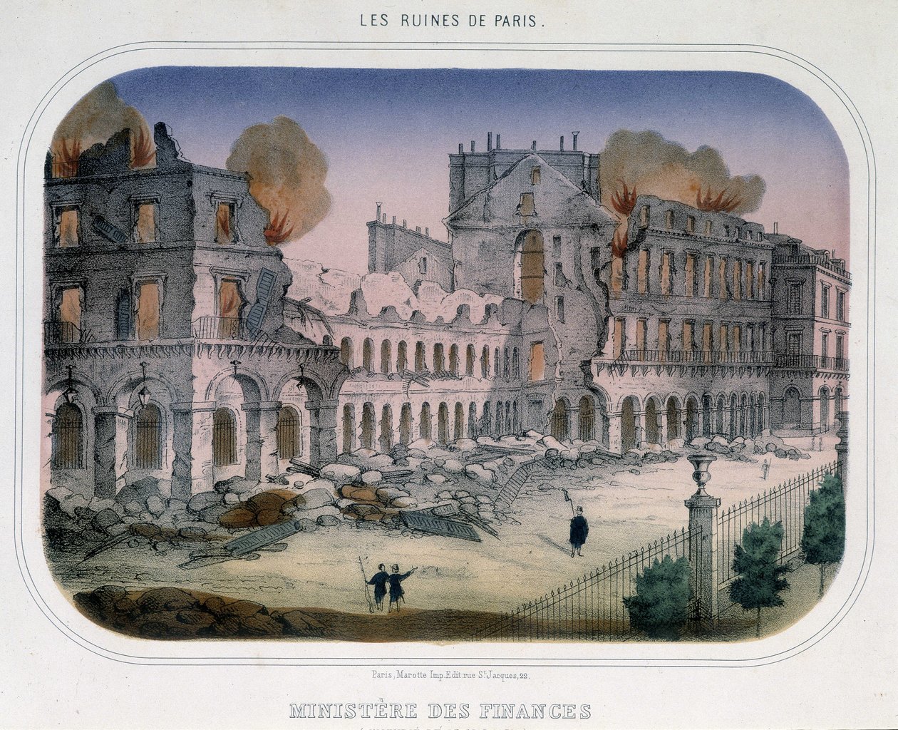 Commune de Paris: Brand vid finansministeriet (vid Tuileriernas tid) den 24 maj 1871. Gravyr från 1800-talet. av Unknown artist