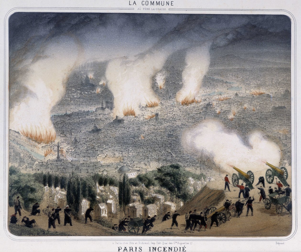 Paris kommun: Parisbrand. Kommunarderna skjuter kanoner mot Paris. 1871. av Unknown artist