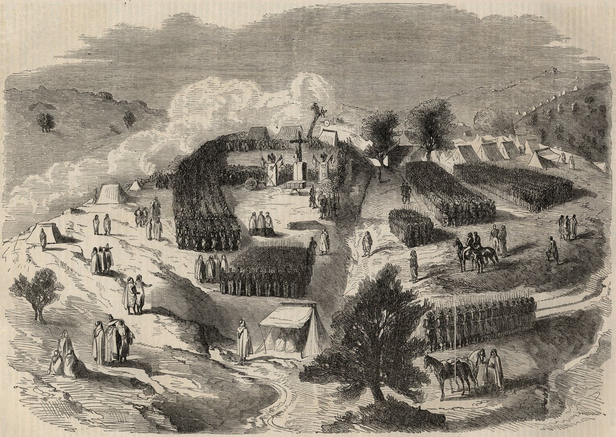 Conquete de Algerie: expedition till Stora Kabylien 1857, som lägger den första stenen till Fort Napoleon i Souk-el-Arba (Souk el Arba). Gravyr i ”Le Monde illustrious”” från 1857. Privat samling. av Unknown artist