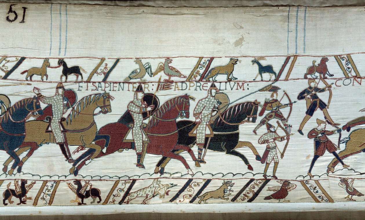 Erövring av England av hertigen av Normandie Vilhelm Erövraren (1027-1087) 1066: början av slaget vid Hastings Detalj av Bayeuxtapet eller broderi av drottning Mathilde av Unknown artist