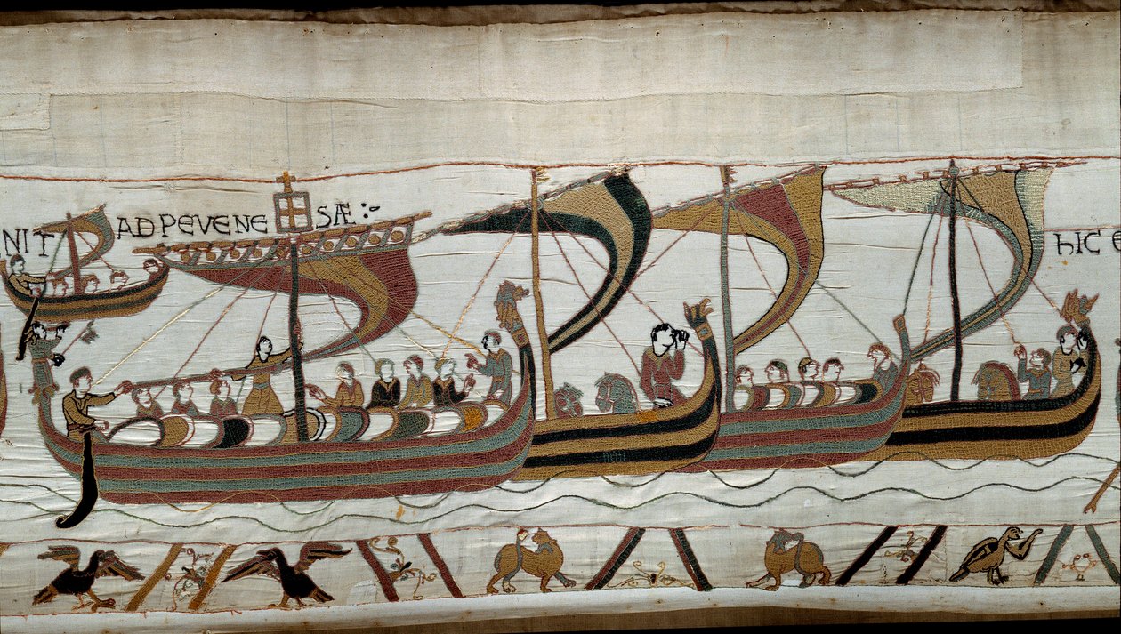 Erövring av England av den normandiska hertigen William the Conquerant (1027-1087) 1066: den normandiska flottan närmar sig den engelska kusten vid Pevensey. Detalj av Bayeuxtapeten eller broderi av drottning Mathilde av Unknown artist