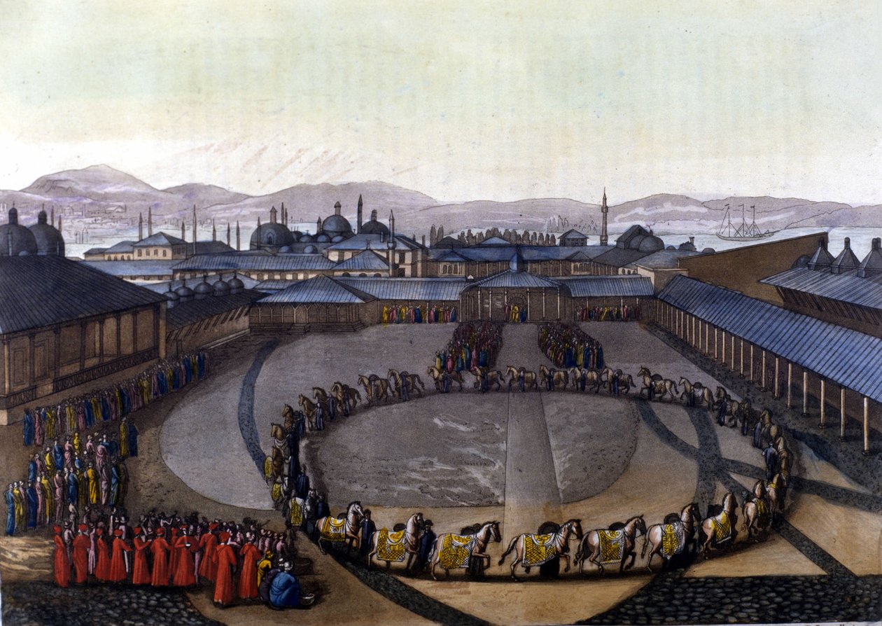 Konstantinopel: Glädjeporten. Denna dörr ger tillgång till det inre av palatset där sultanen bor med sin familj och damerna i sitt Harem. I "" Le costume ancien et moderne"" av Unknown artist