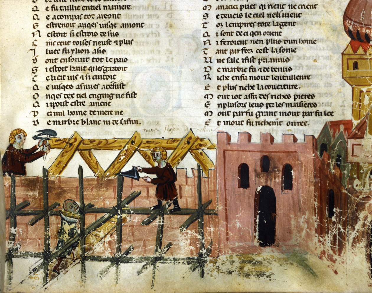 Byggscen. Miniatyr av "Roman de Troy"" av Benoit de Saint Maure. 1300-talets Biblioteca Marciana, Venedig av Unknown artist