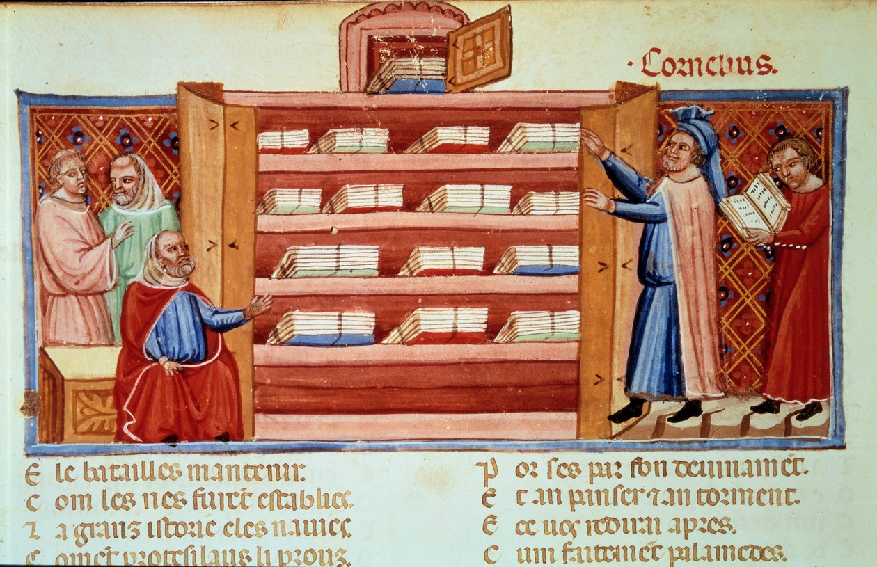 Cornelius Nepos, romersk biograf (100-v.25 f.Kr.), upptäcker i en garderob historien om Troja av Dares den frygier. Miniatyr i "" Le Roman de Troie"" (Folio 2v) av Benoit de Sainte-Maure (1100-talet) av Unknown artist